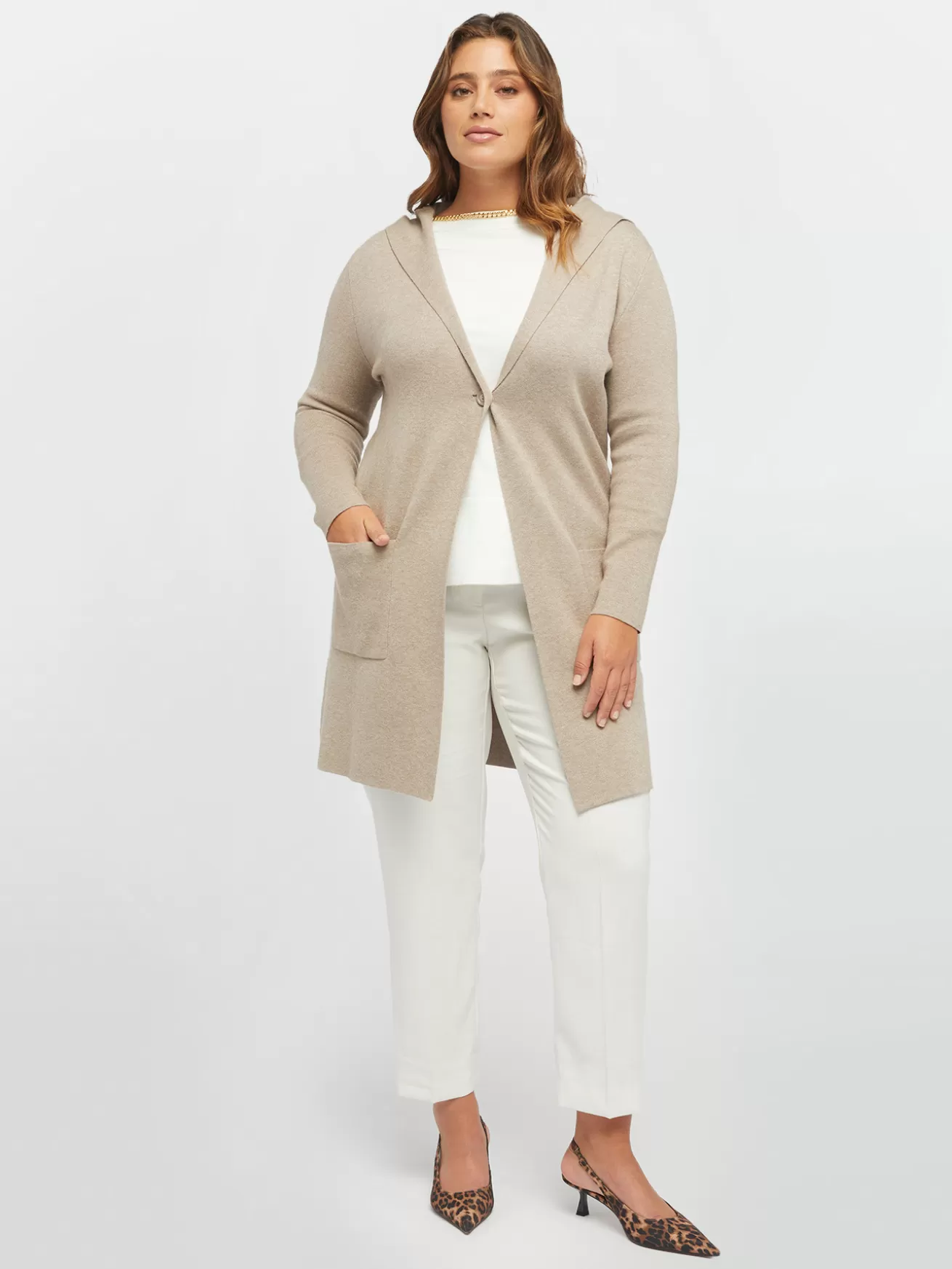 Shop Fiorella Rubino Cardigan Lungo Con Cappuccio Beige