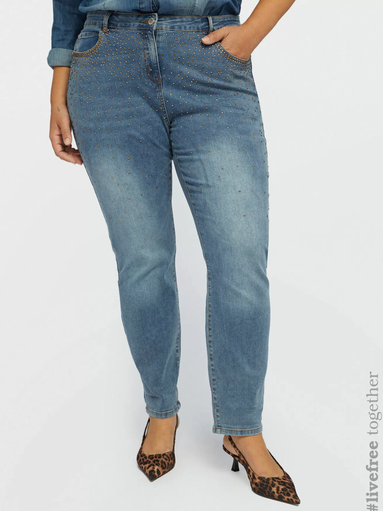 Sale Fiorella Rubino Jeans Slim Girl Fit Con Strass Azzurro