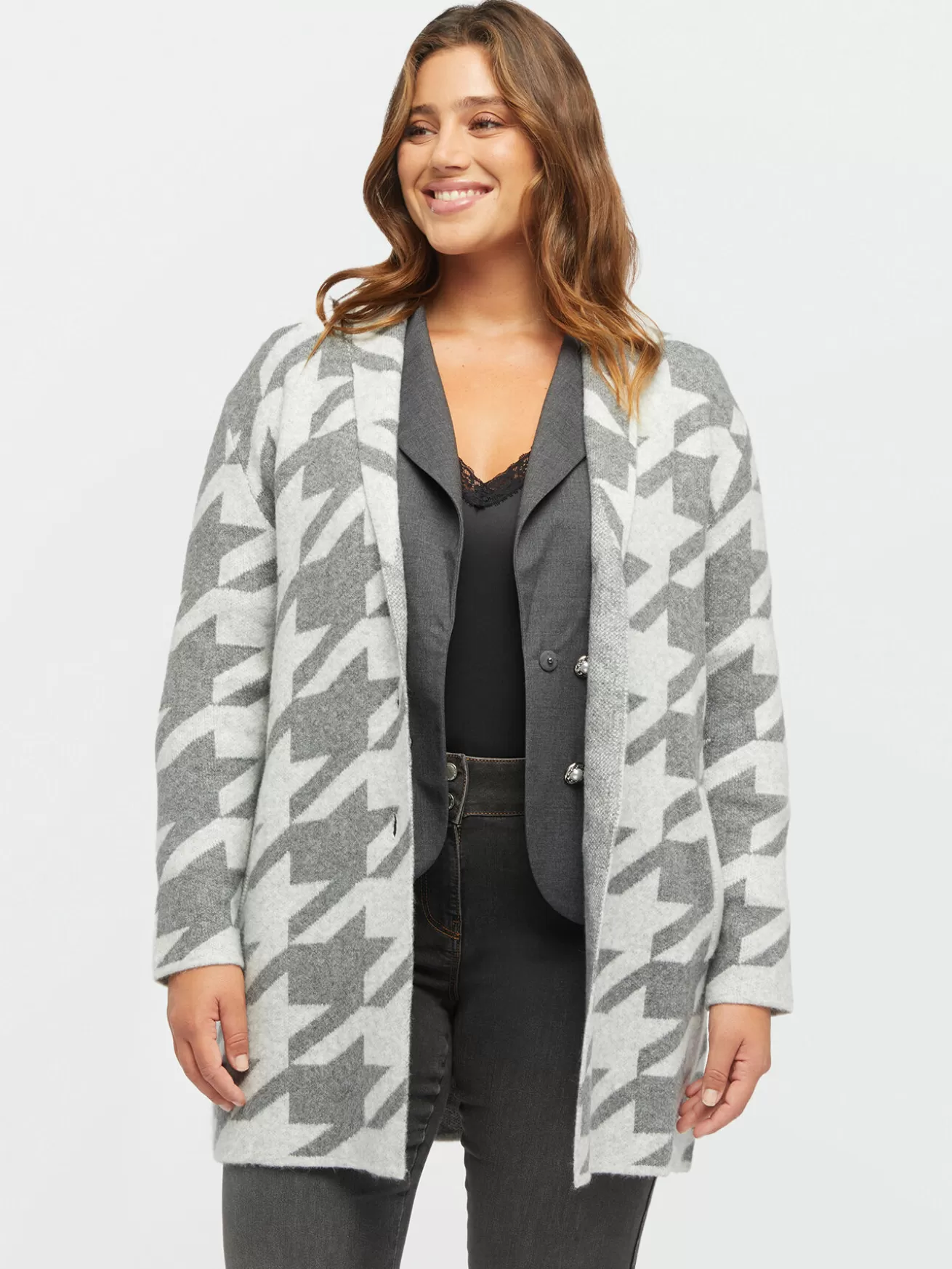 Store Fiorella Rubino Maxi Cardigan Motivo Pied De Poule Grigio