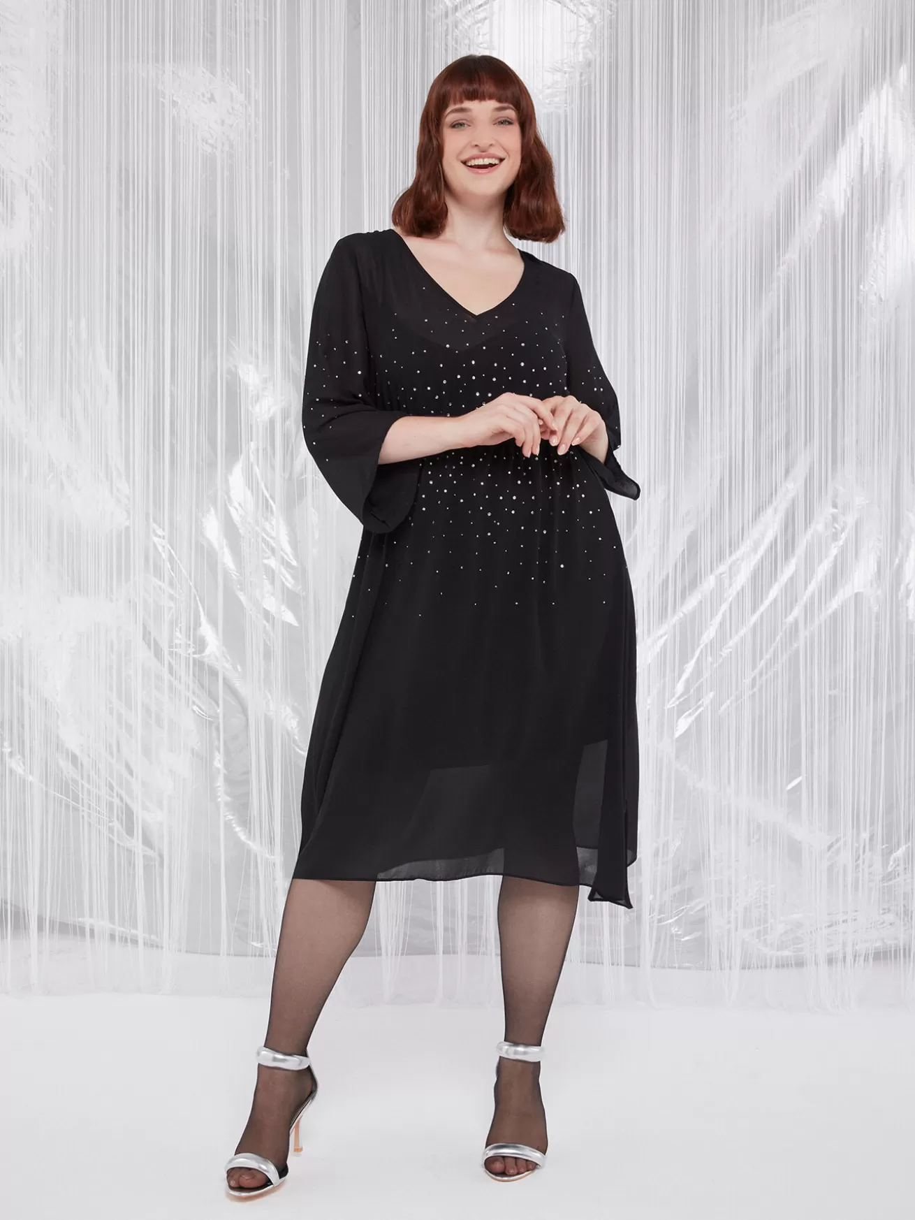 New Fiorella Rubino Vestito Midi Con Punti Luce Nero